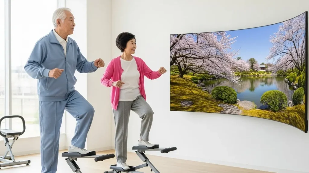 大きなモニターで山口の観光地の映像を見ながら、楽しそうに足踏みをする男性。