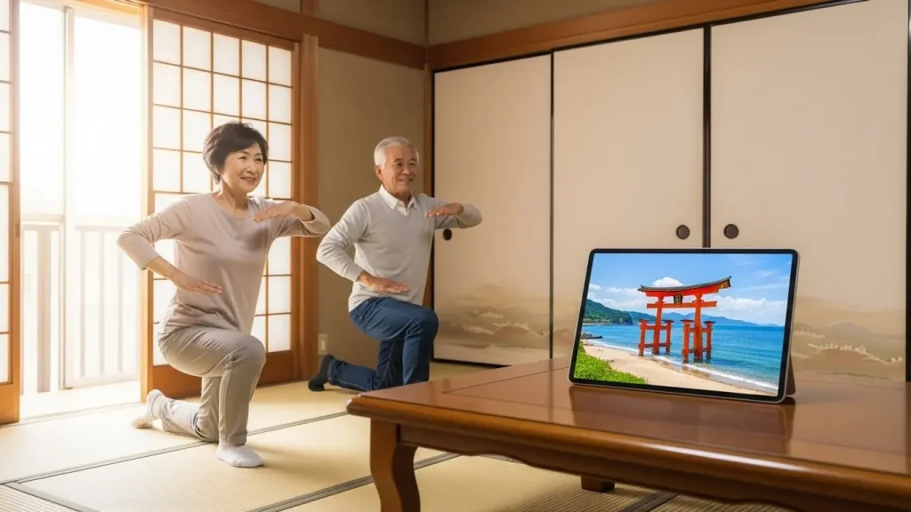 360度動画が映るタブレットを見ながら、風景に合わせて腕を動かす様子。