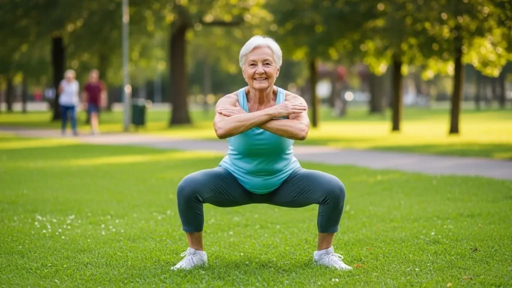 足を広めに開いて行う、膝への負担が少ないワイドスクワットのポーズ。