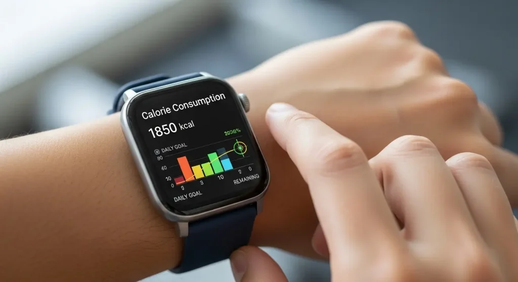 足踏み運動の消費カロリーをデジタルで管理する様子