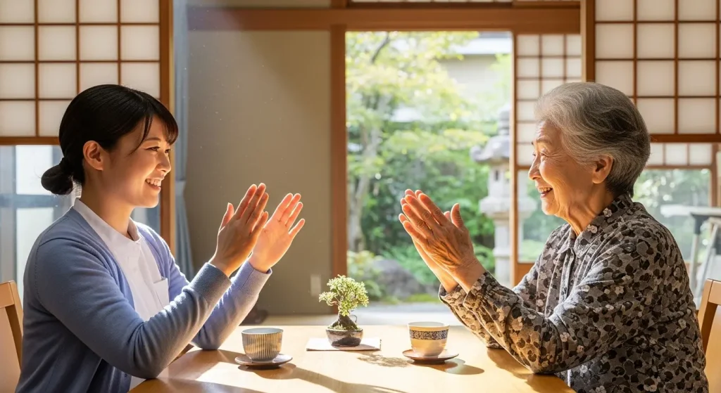 2025年の健康目標として指体操を習慣化しようとする高齢者