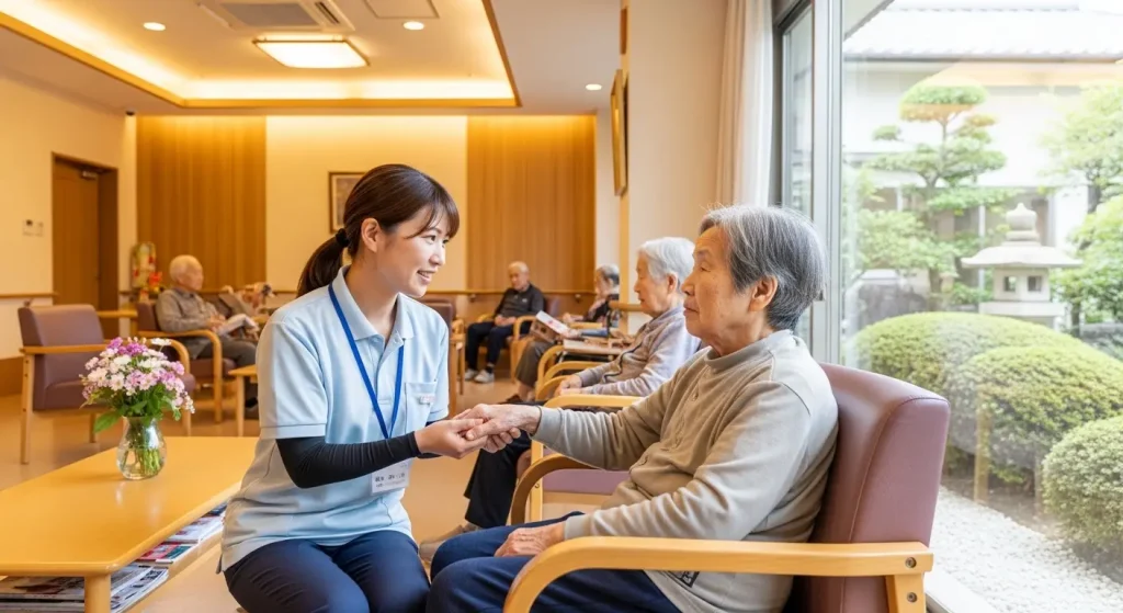 利用者の安全に配慮しながら指体操をサポートする職員