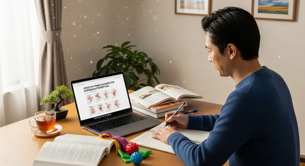 指体操の知識を深めるために専門書で勉強する介護職員