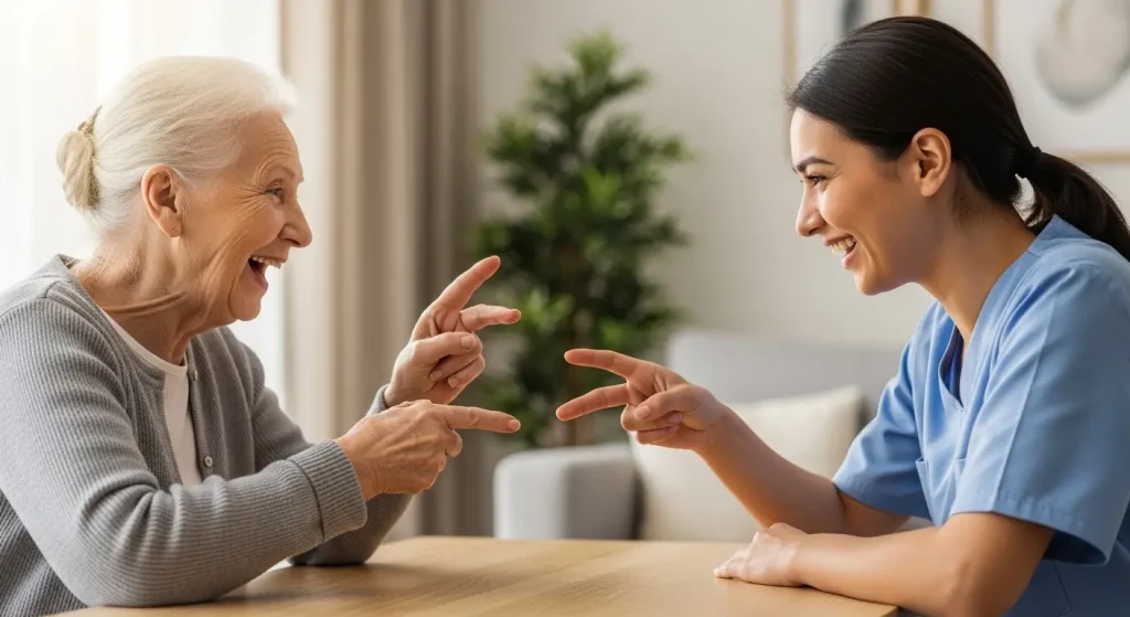 介護レクリエーションで後出しじゃんけんを楽しむ利用者