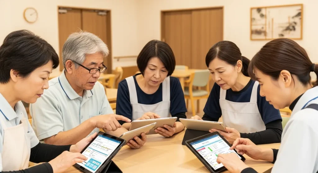 最新の介護業界情報や資格取得のニュースをチェックする職員