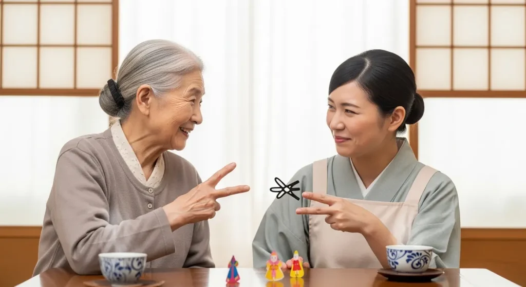 介護スタッフと楽しく対面レクリエーションを行う高齢者