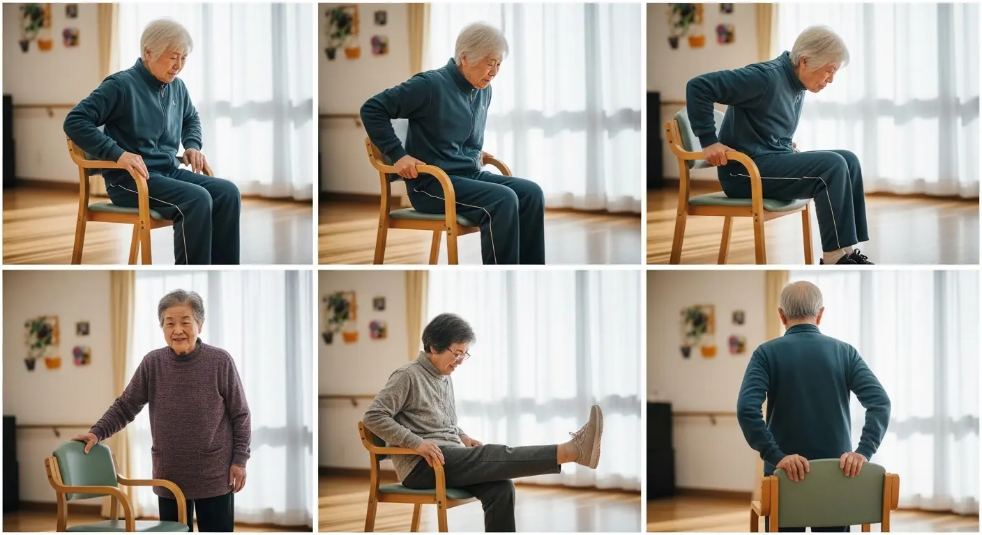 下半身を鍛えるための椅子を使った立ち座りトレーニング。