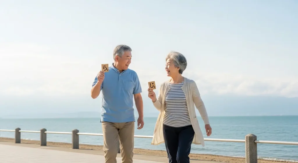 山口県の海岸沿いで脳トレとウォーキングを同時に行う高齢者