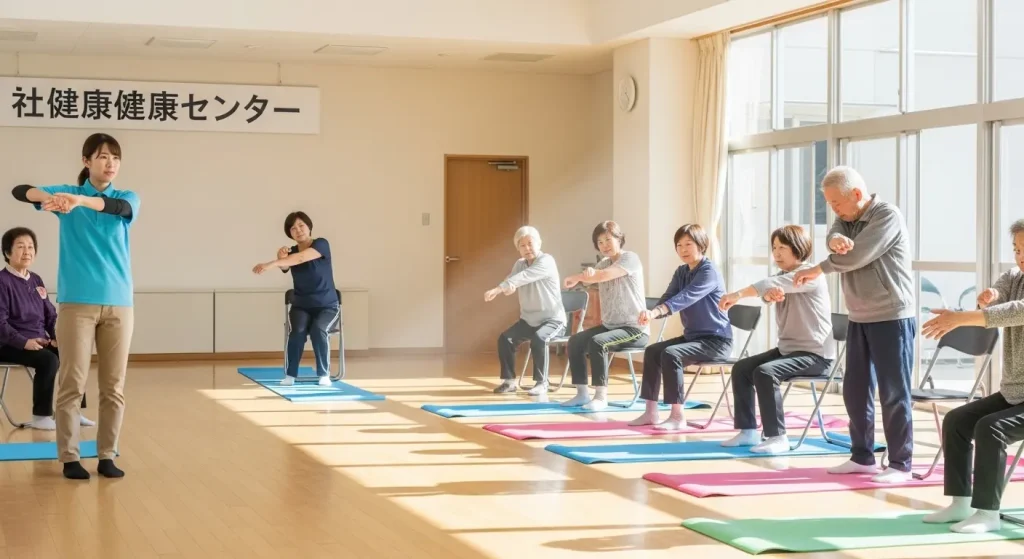 地域の交流施設で最新の予防体操を学ぶ高齢者の参加者たち