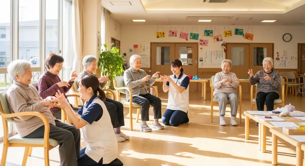 デイサービスで手指のリハビリ体操を楽しむ高齢者