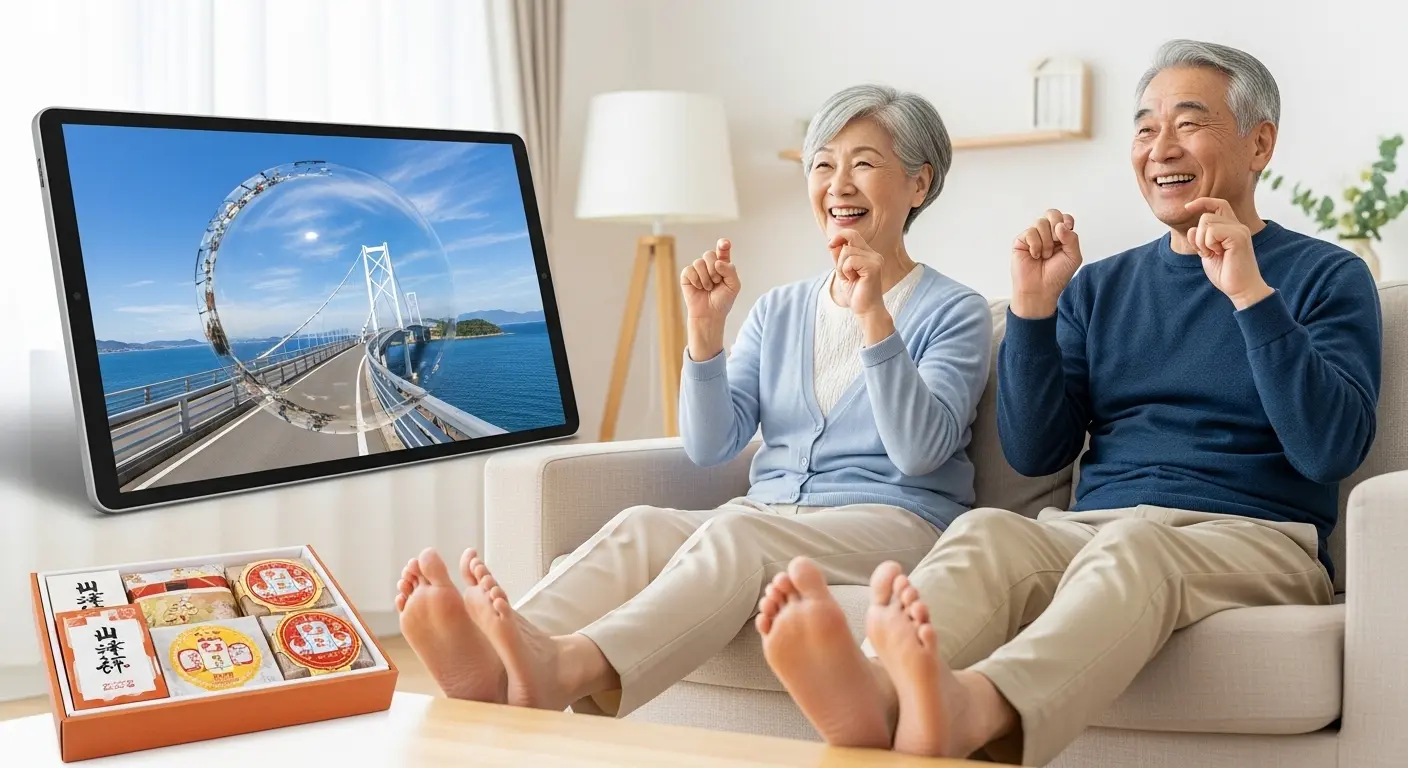 山口県の観光映像を見ながら自宅で簡単にできる認知症予防の運動に取り組む高齢者夫婦