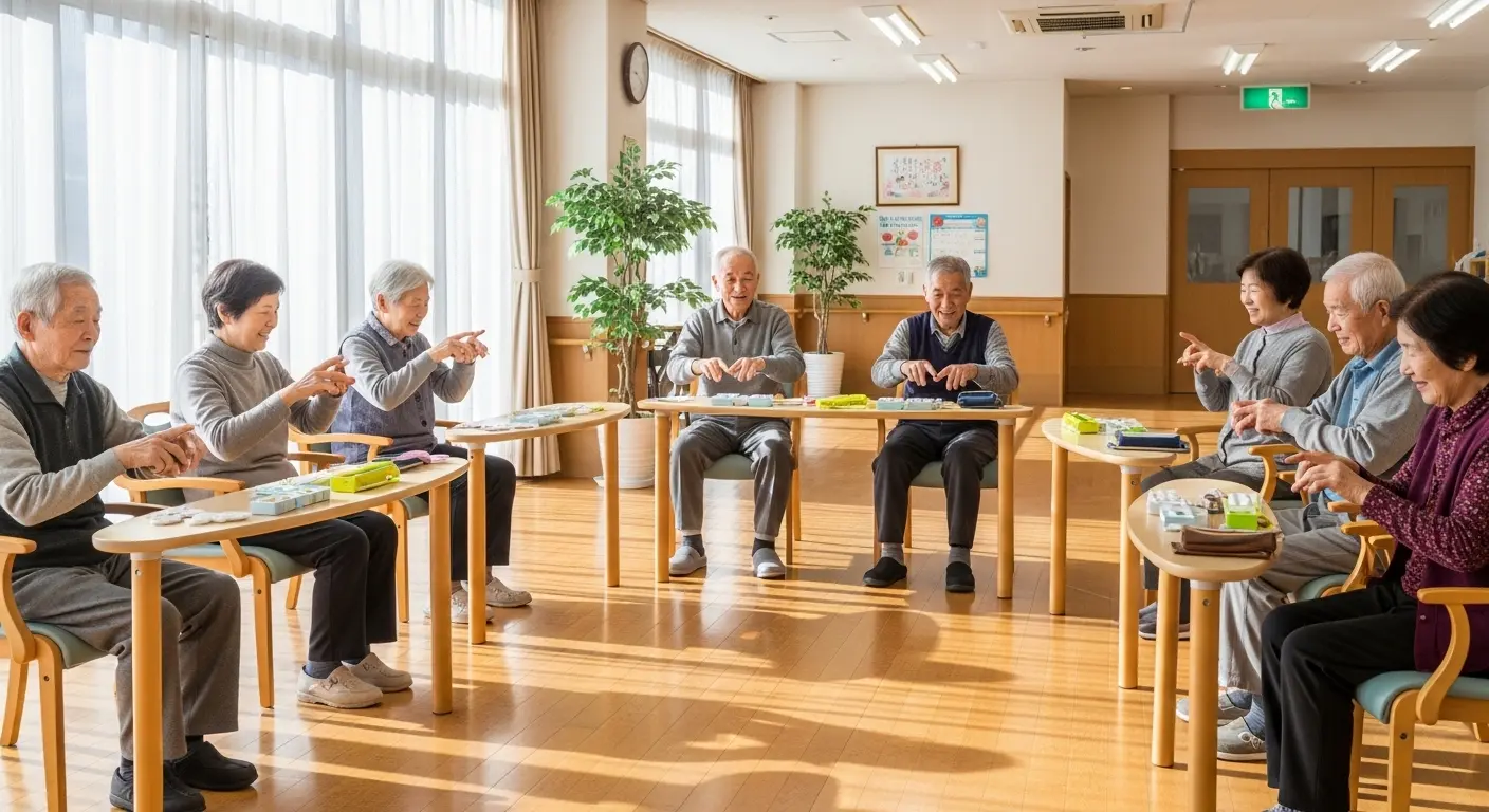 山口県の絶景映像を背に笑顔で指体操に取り組む高齢者グループの様子
