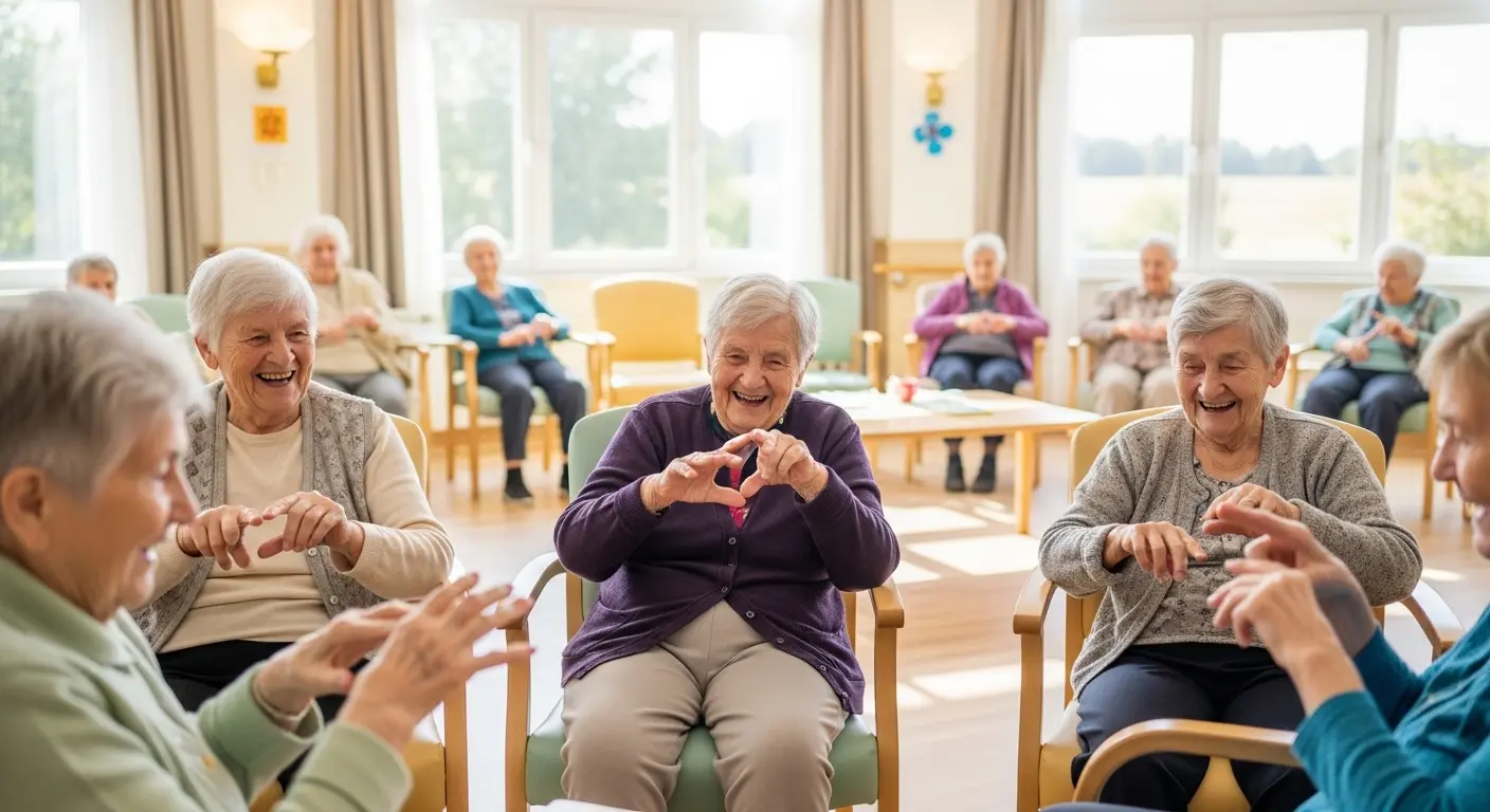 山口県の絶景をバックに笑顔で手遊びに取り組む高齢者のグループ