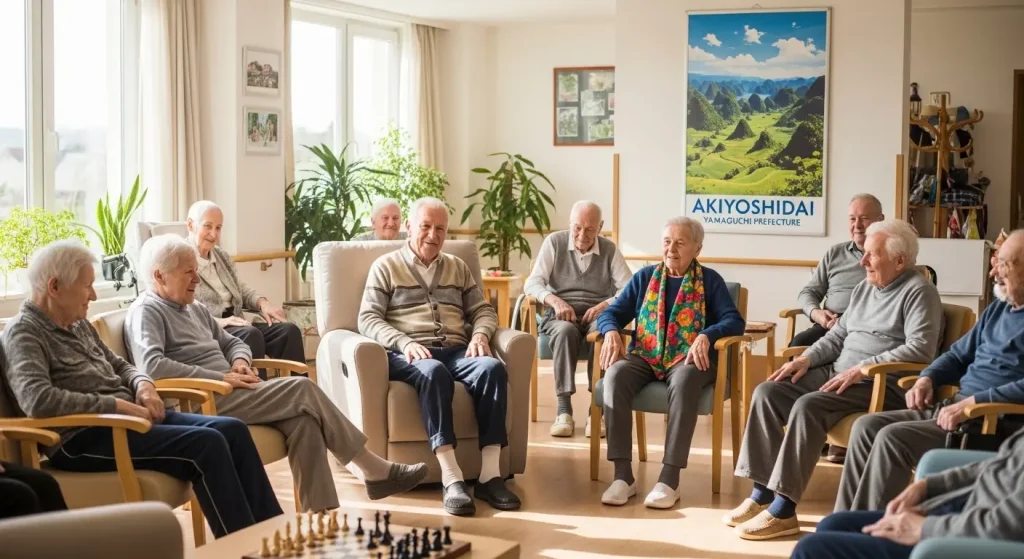 介護施設で椅子に座りながら足踏み運動を行う高齢者たち