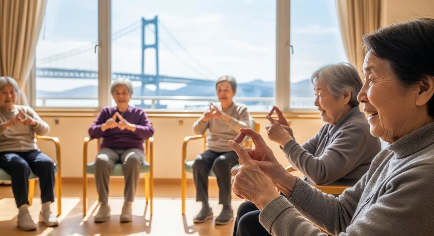 山口県の絶景をバックに笑顔で指体操に取り組む高齢者のグループ