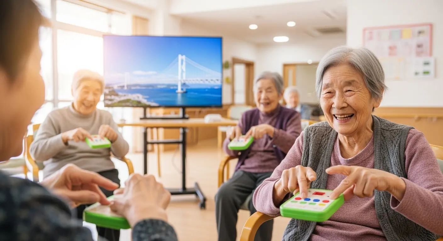 山口県の絶景をバックに笑顔で手遊びに取り組む高齢者のグループ