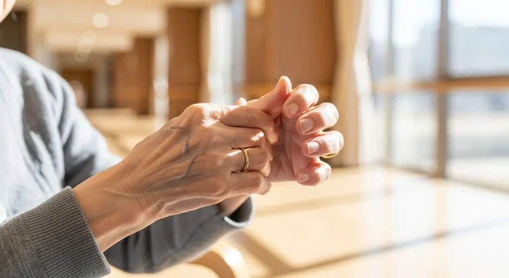 介護施設で手遊びレクリエーションを楽しむ高齢者の手元