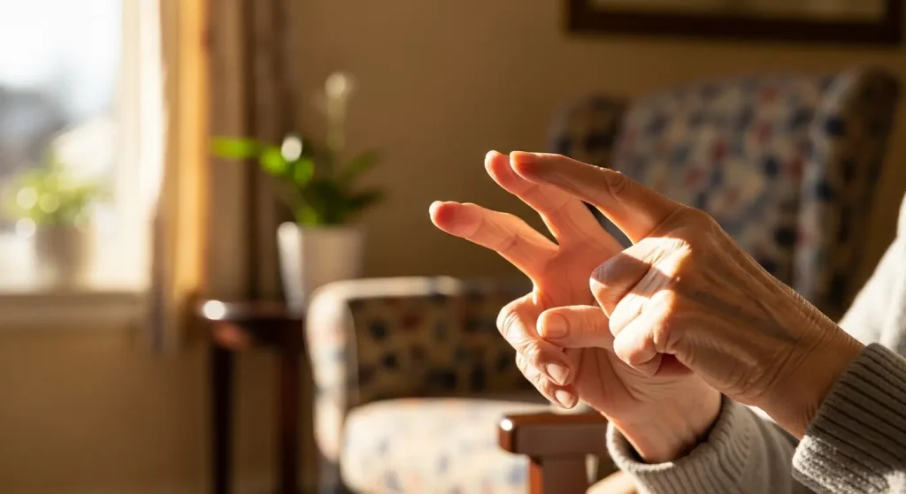 認知症予防のために指体操を行う高齢者の手元