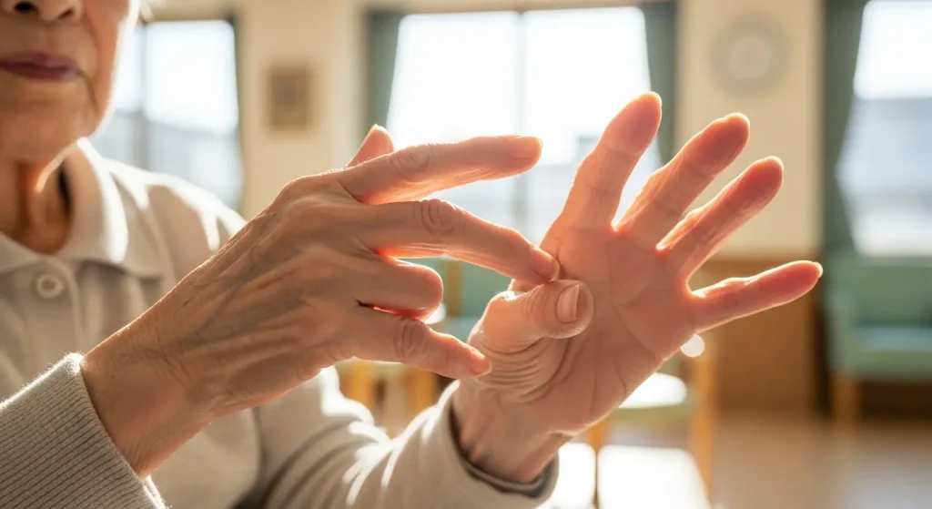 介護施設で指体操を行う高齢者の手元のアップ