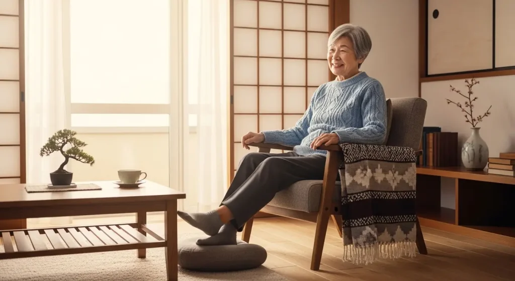 椅子に座って足踏み運動をする笑顔の高齢者。