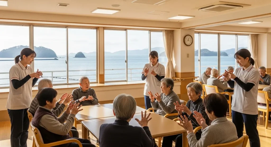 介護施設で脳トレ手遊びを楽しむ高齢者とスタッフの様子