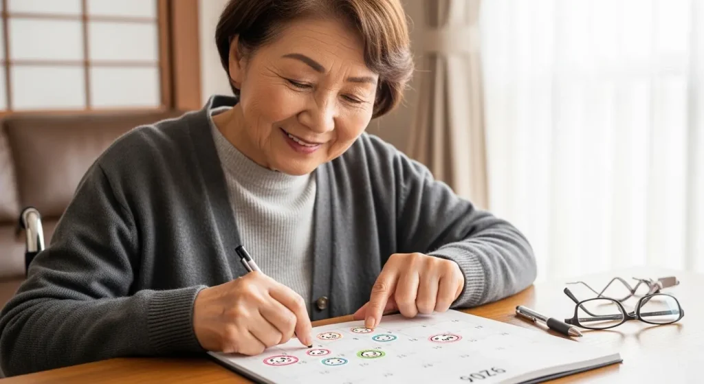 毎日の脳トレ手遊びの記録をカレンダーにつける様子