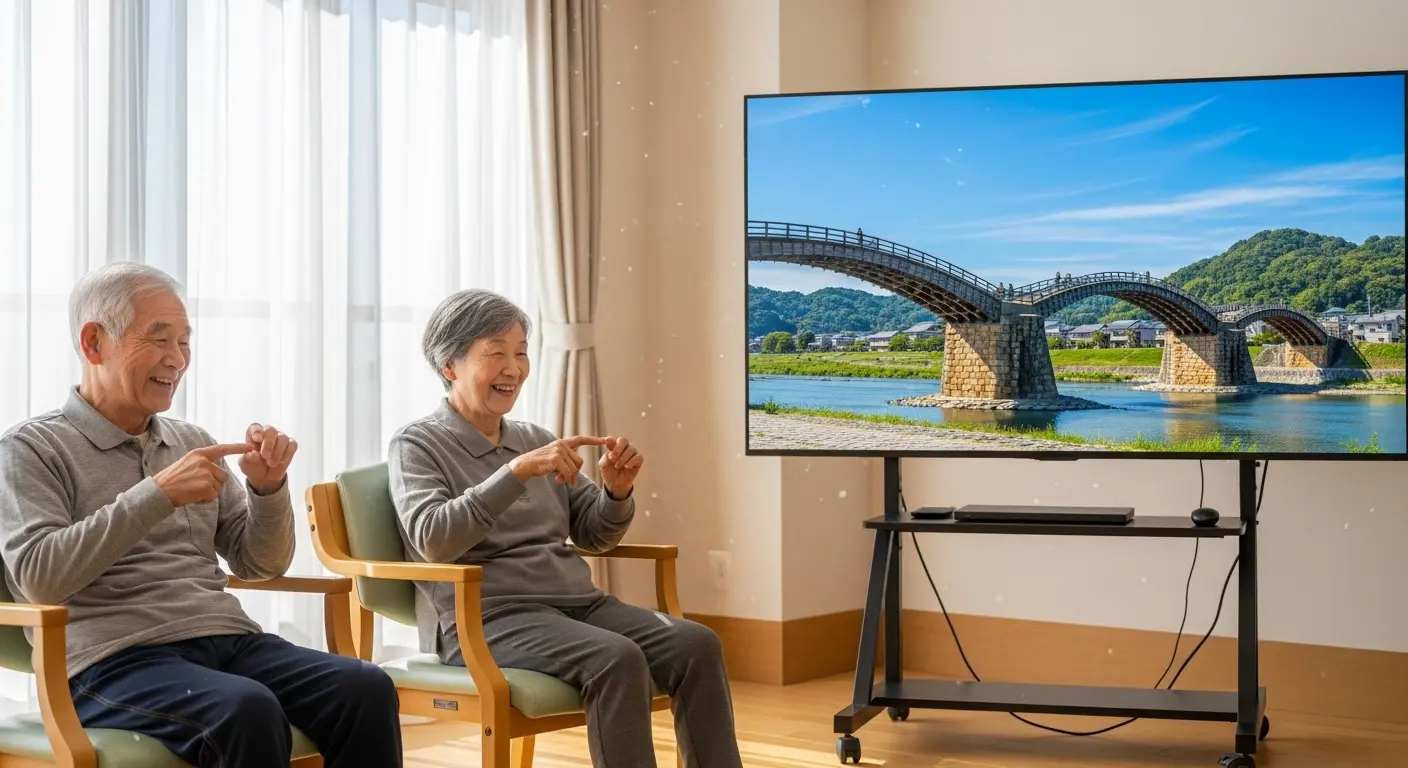 山口県の観光映像を見ながら指先を使うトレーニングに励む高齢者の夫婦