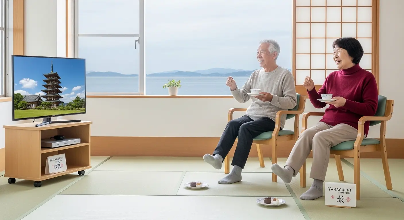 山口観光の映像を楽しみながら椅子で足踏み運動をする高齢夫婦の様子