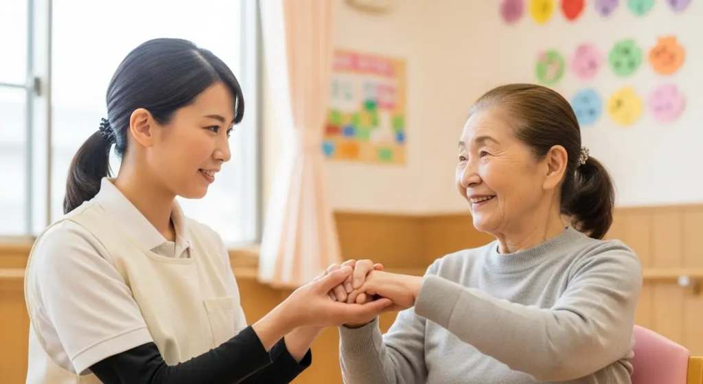 利用者のペースに合わせて手指の運動を介助するスタッフ