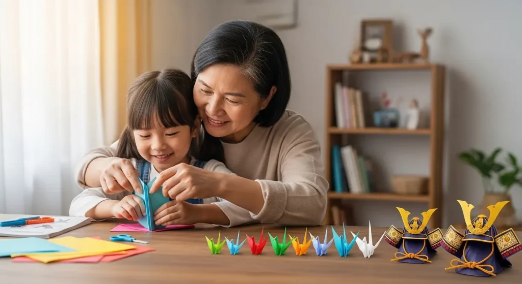 世代を超えて指先を使う遊び、折り紙を楽しむ家族