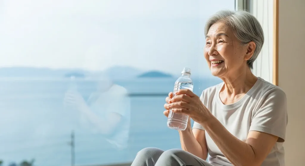 運動後にしっかりと水分補給を行いリラックスする高齢女性