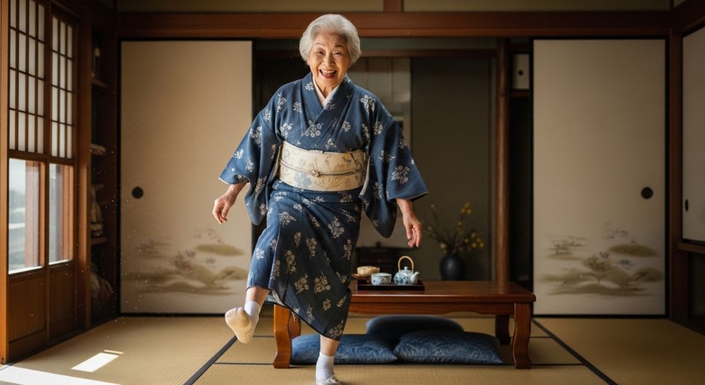 家の中でその場足踏みダイエットに取り組む女性