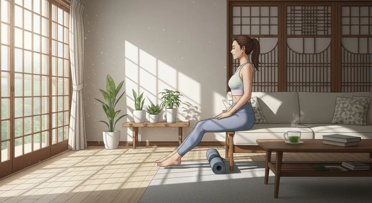 室内で手軽にその場足踏み運動を行う女性