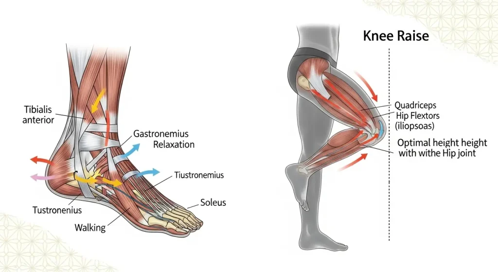 正しい足踏みのフォームと膝の角度を示す図解。