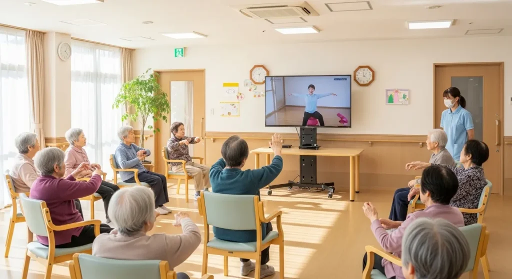 施設で動画に合わせて足踏み運動をするグループ。