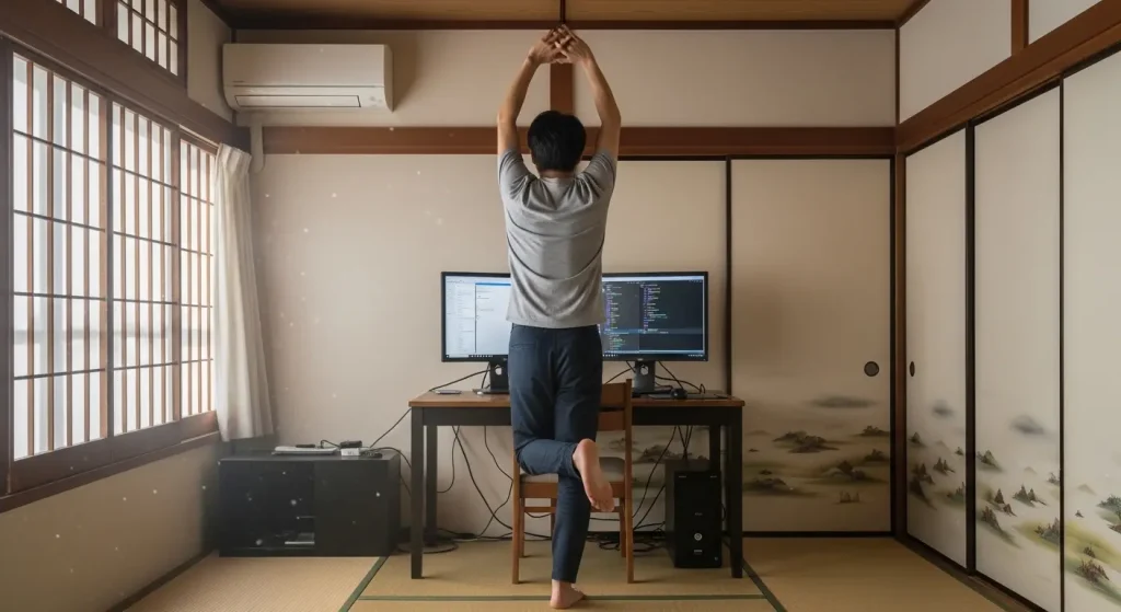 在宅勤務の休憩時間に足踏み運動でリフレッシュする男性