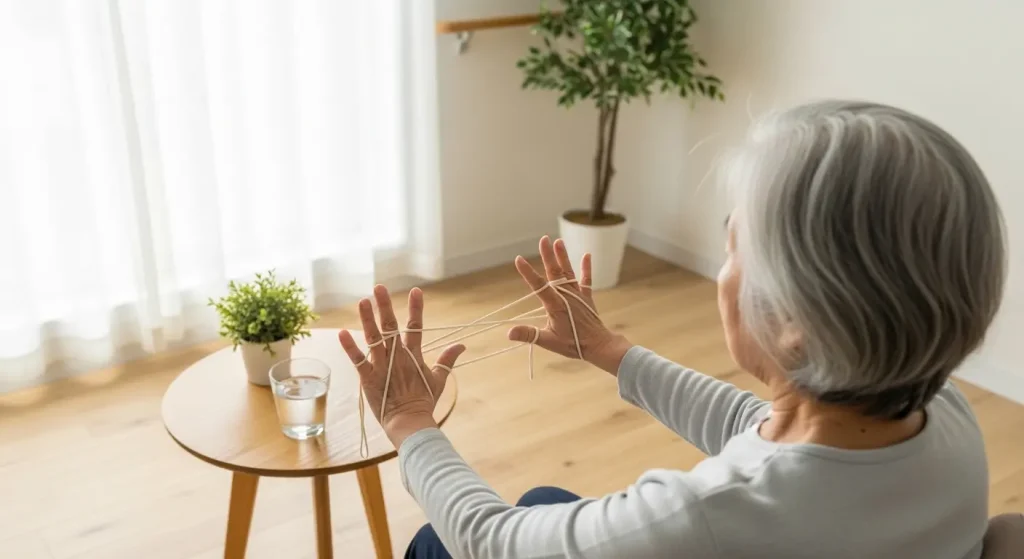 ひもを用いた手指の筋力トレーニングを行う様子