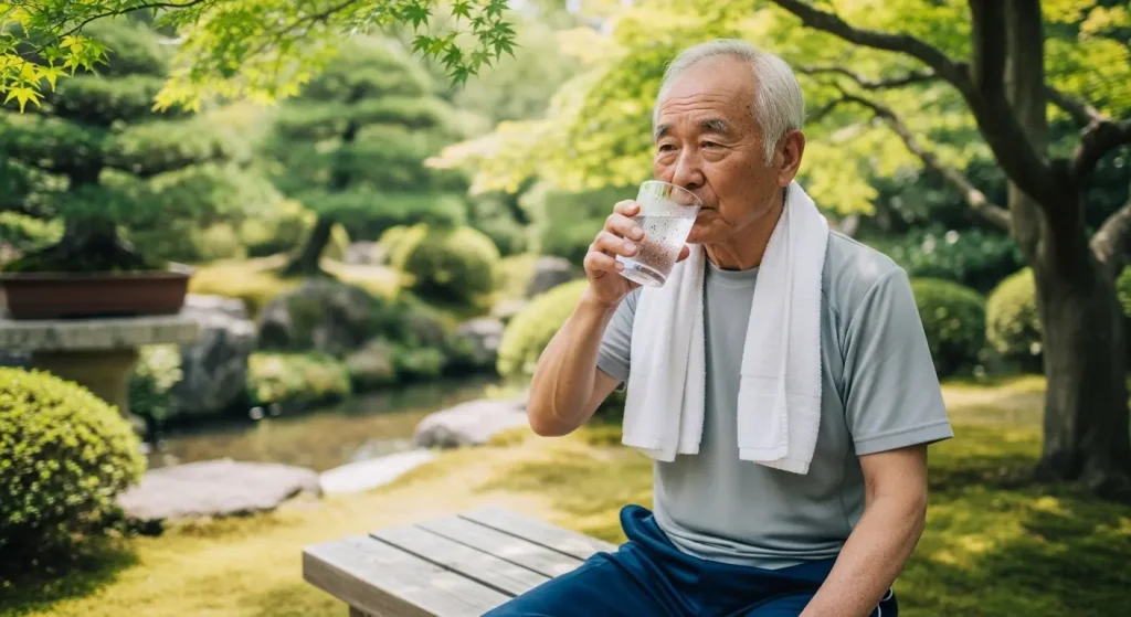 室内運動の合間に水分補給をする高齢者
