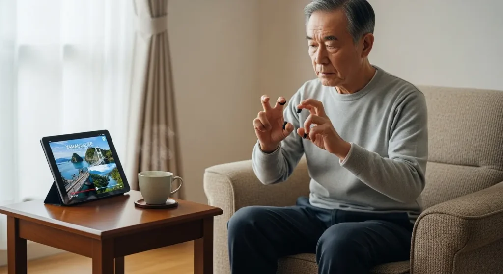 自宅で動画を見ながら認知症予防の指トレーニングに励む高齢者