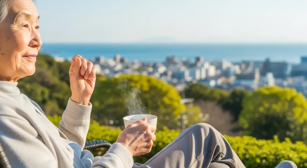 5月の山口の風景を楽しみながら日常的に指体操をする高齢者