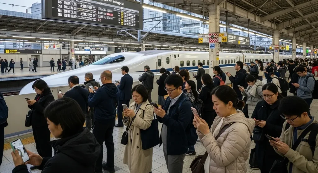 新山口駅でデジタル観光案内を利用する旅行者。