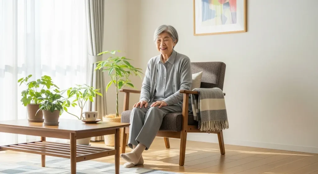 椅子に座って笑顔で足踏み運動をする高齢者