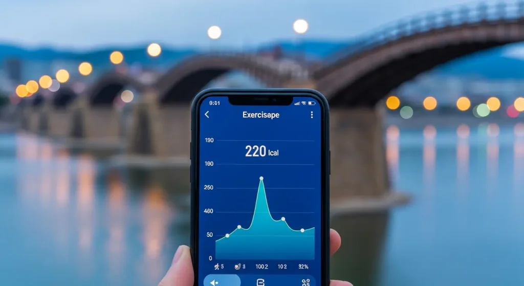 スマホアプリで室内ウォーキングの記録を管理する様子