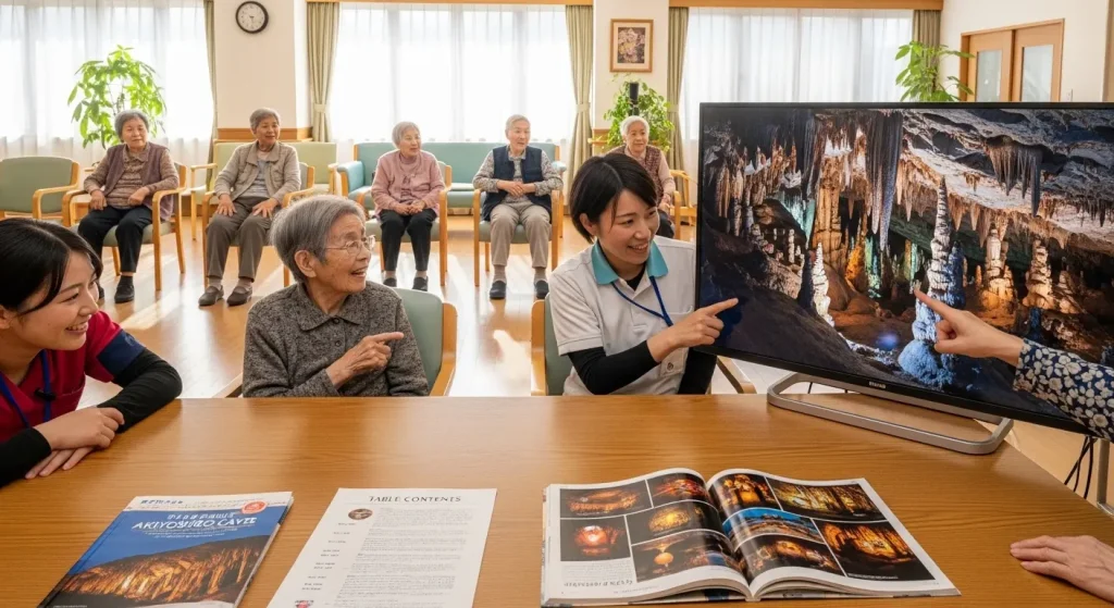 バーチャル旅行動画の視聴後に思い出話で盛り上がる高齢者たち
