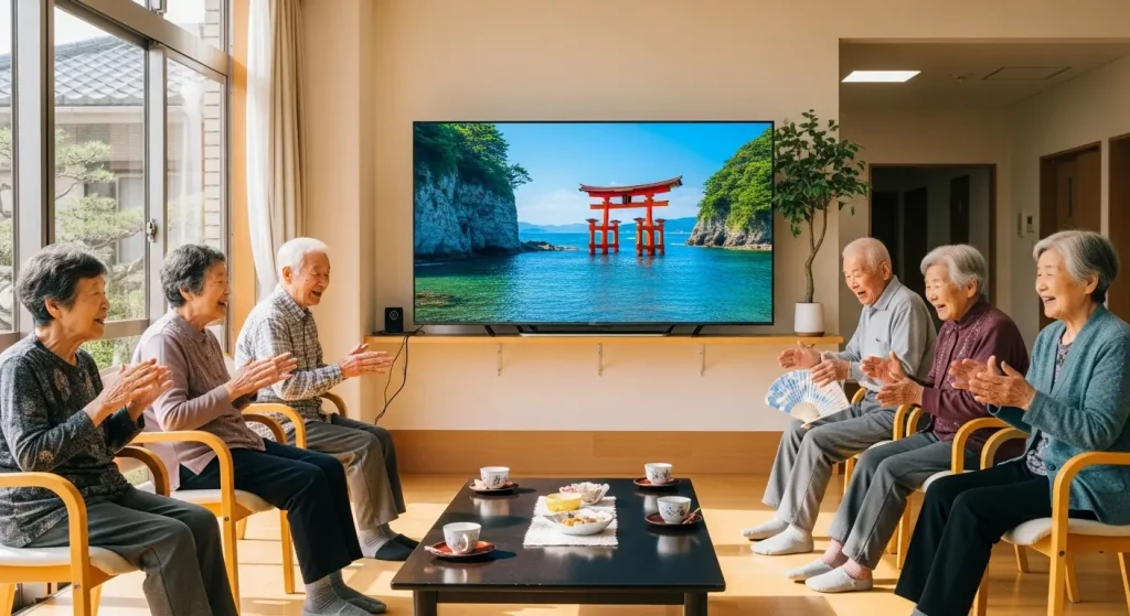 バーチャル旅行動画を活用して室内運動を楽しむ高齢者