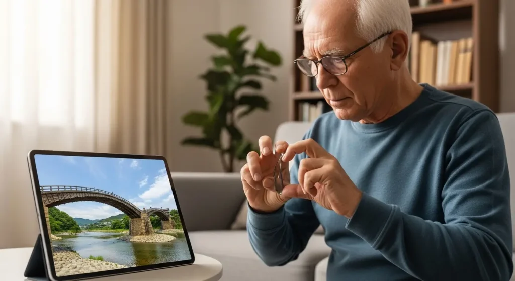 山口県の観光動画を視聴しながら脳トレ指体操をする高齢男性