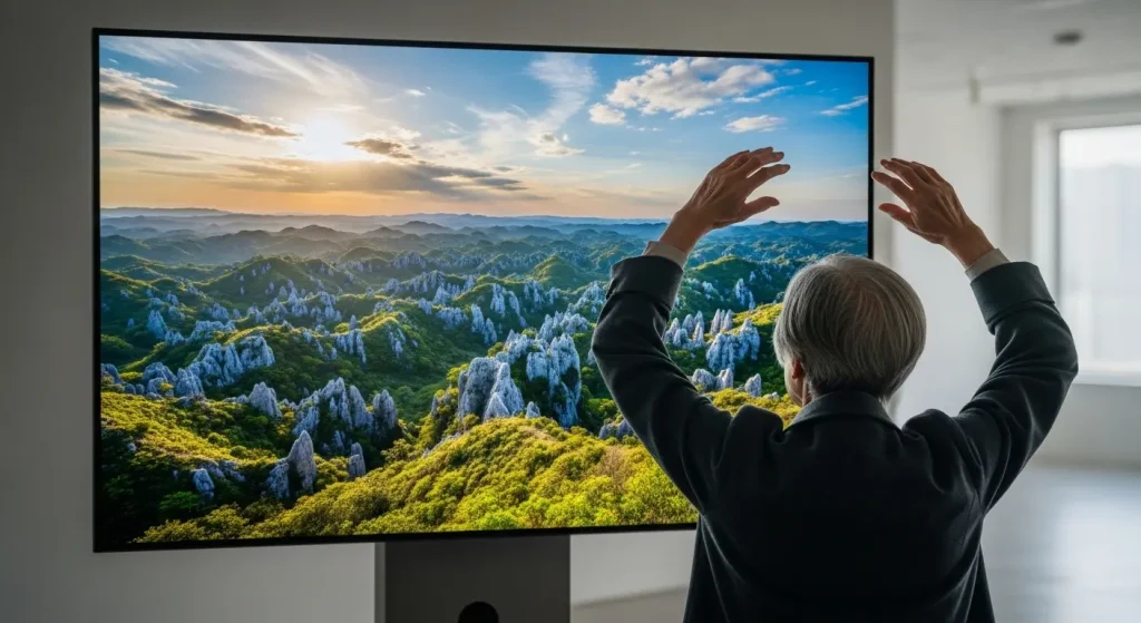 山口県の絶景動画を見ながら手の体操を行う様子