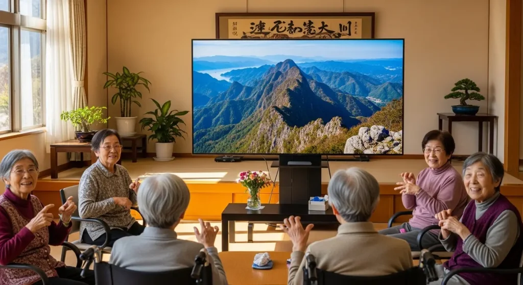 山口県の絶景映像を背に脳トレ手遊びに取り組む高齢者たち