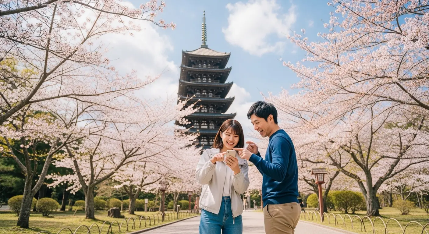 山口市の国宝瑠璃光寺五重塔でデジタルスタンプラリーを楽しむ観光客