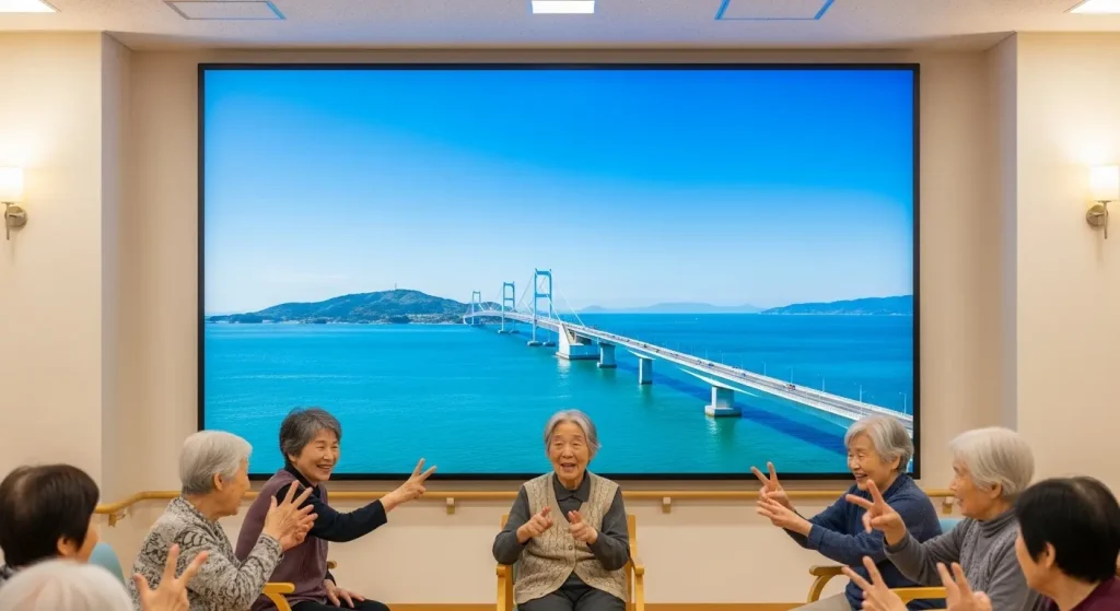 山口県の角島大橋の映像を見ながら指体操をする高齢者